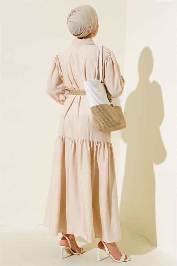 Half Buttoned Dress with Straw Belt Stone