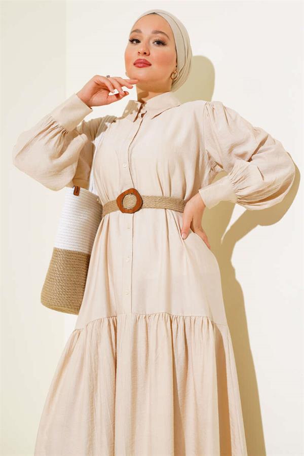 Half Buttoned Dress with Straw Belt Stone
