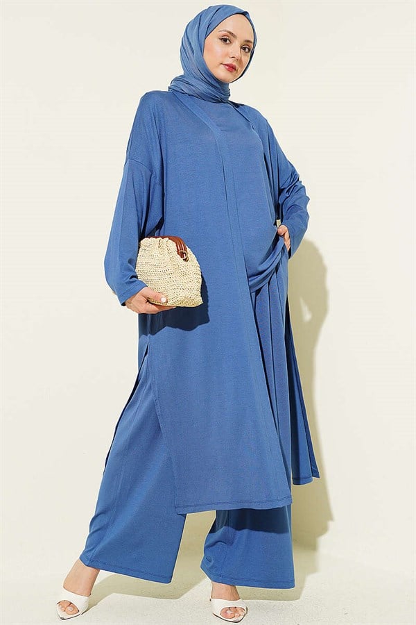Loose-fitting 3 Piece Set set with cardigan, indigo.