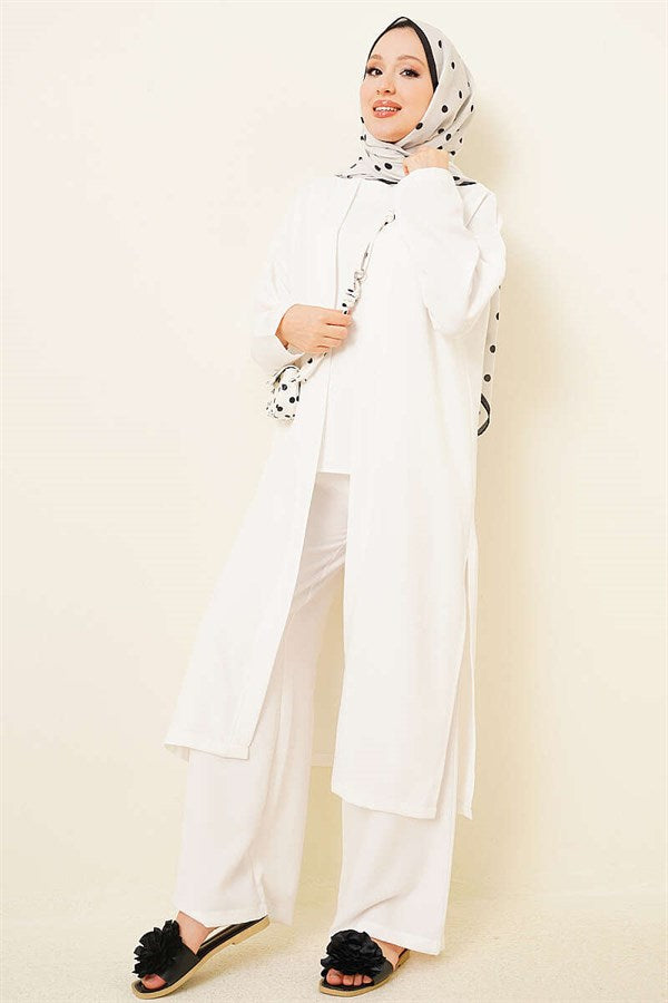 3 Piece Set with Cardigan and Side Slits, White