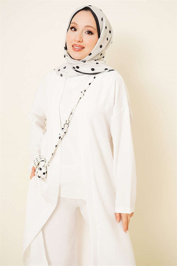 3 Piece Set with Cardigan and Side Slits, White