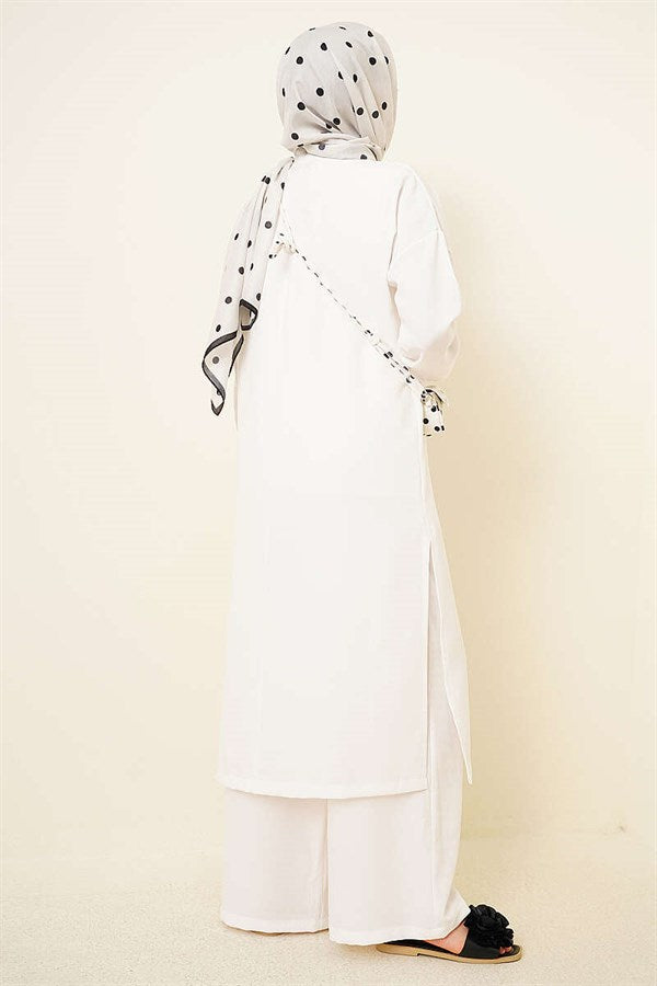 3 Piece Set with Cardigan and Side Slits, White