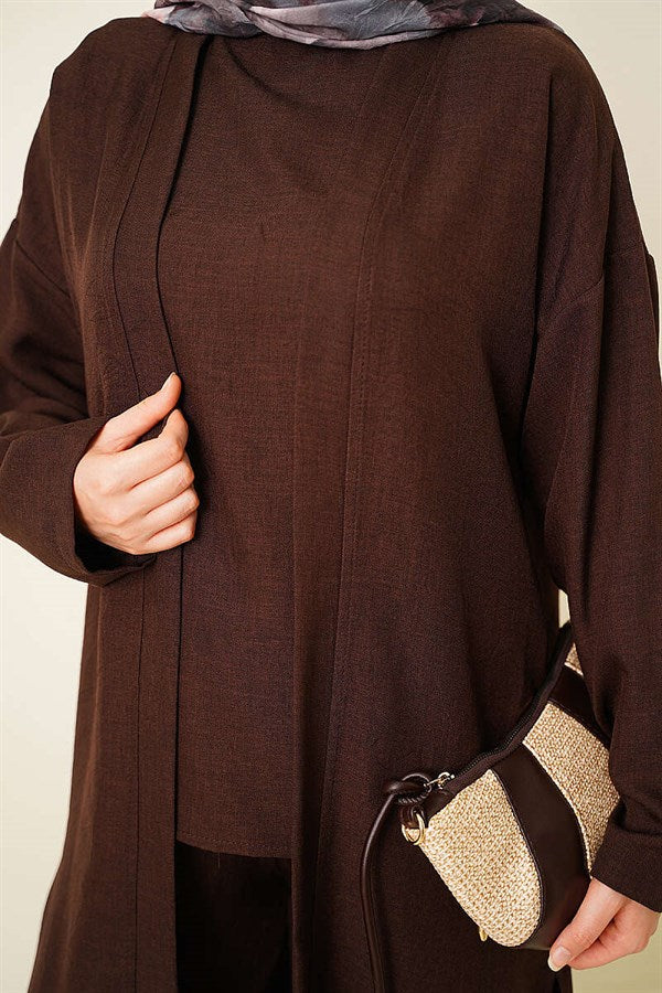 3 Piece Set with Side Slits and Cardigan, Coffee Color
