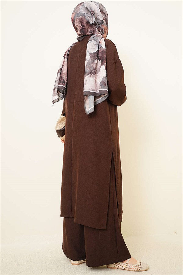 3 Piece Set with Side Slits and Cardigan, Coffee Color