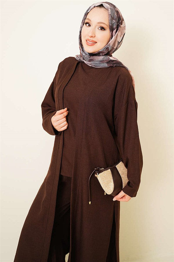3 Piece Set with Side Slits and Cardigan, Coffee Color