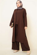 3 Piece Set with Side Slits and Cardigan, Coffee Color
