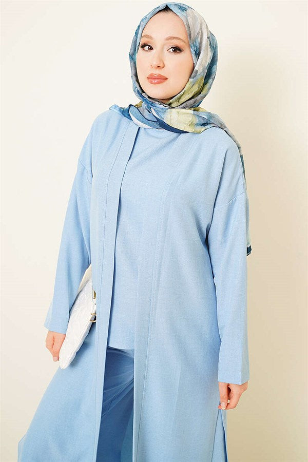 3 Piece Set with Cardigan and Side Slits, Blue