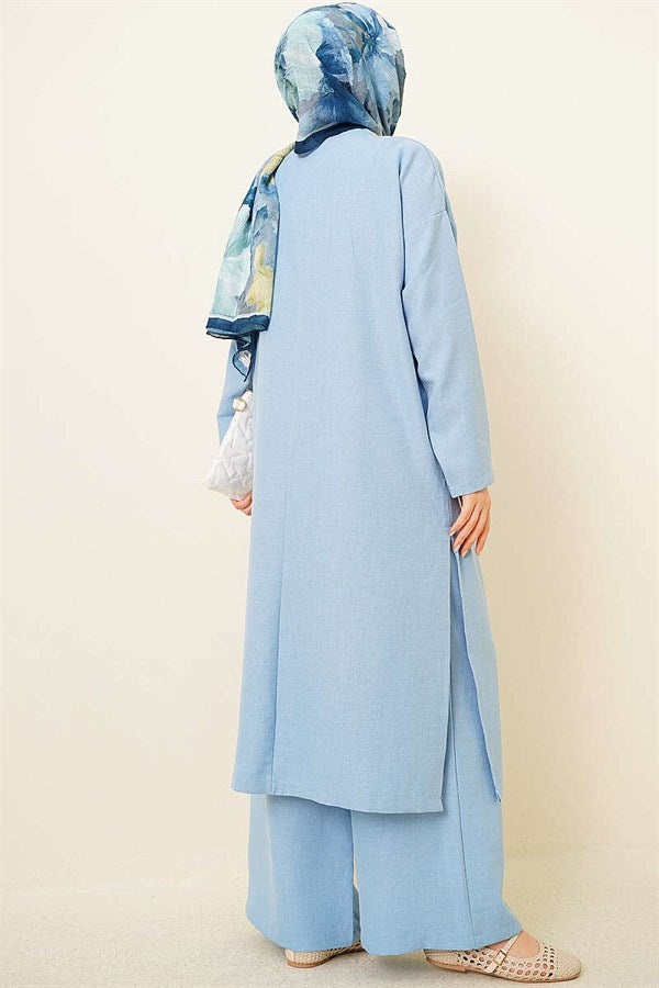 3 Piece Set with Cardigan and Side Slits, Blue