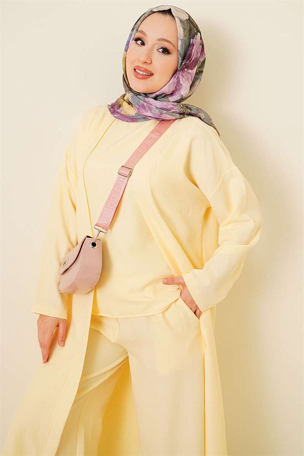 Cardigan and Side Slit 3 Piece Set, Yellow