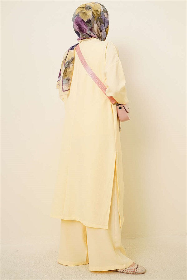 Cardigan and Side Slit 3 Piece Set, Yellow