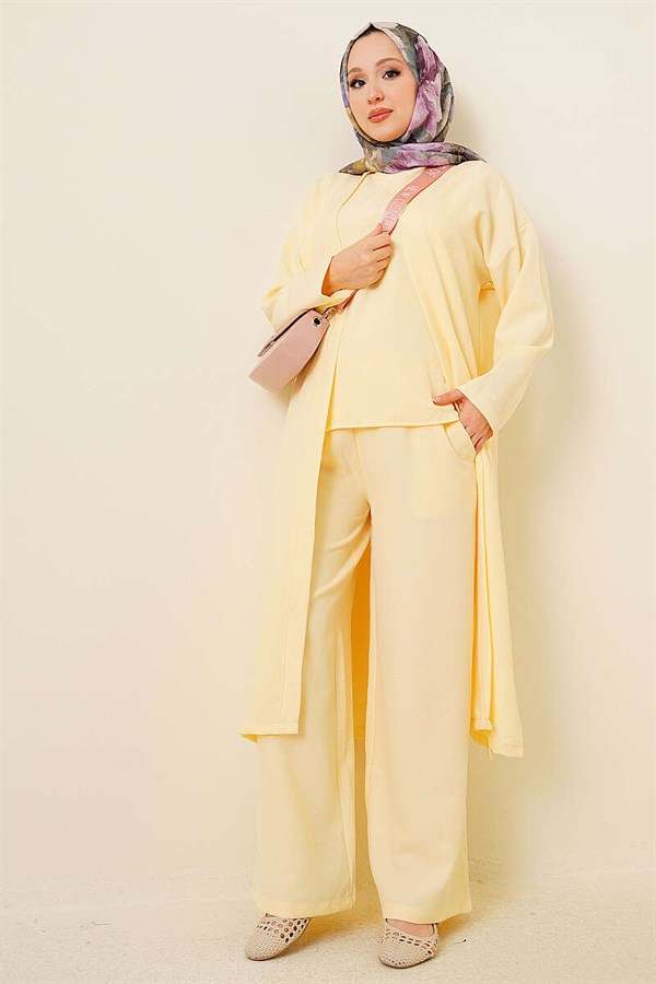Cardigan and Side Slit 3 Piece Set, Yellow