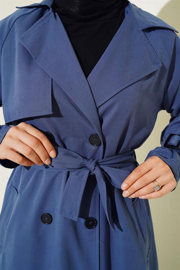  Indigo Lined Belted Trench Coat