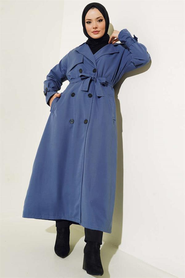  Indigo Lined Belted Trench Coat