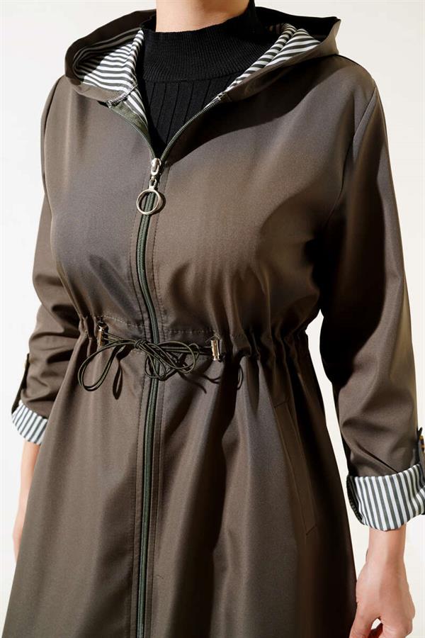 Inside Striped Waist Tunnel Trench Coat Khaki