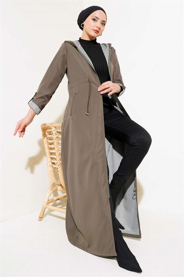 Inside Striped Waist Tunnel Trench Coat Khaki