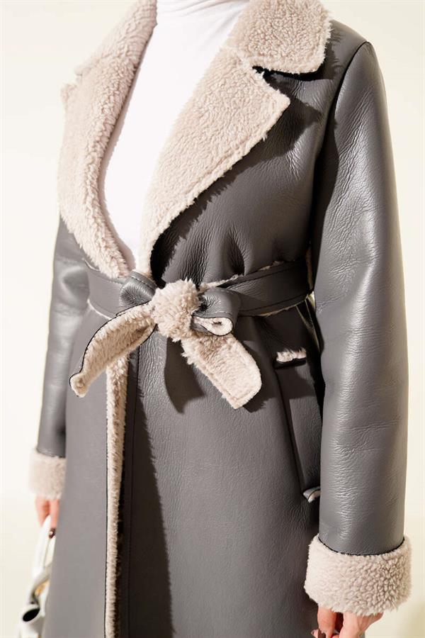 Fur Lined Leather Long Coat Smoked