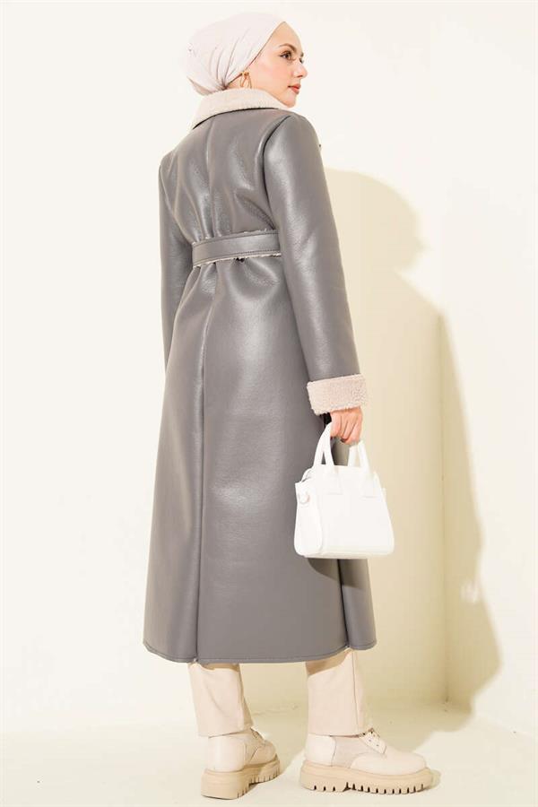 Fur Lined Leather Long Coat Smoked