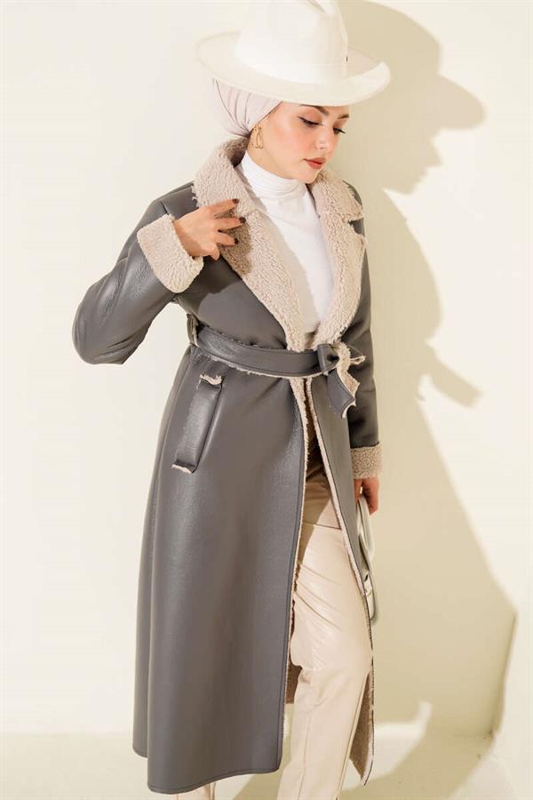 Fur Lined Leather Long Coat Smoked