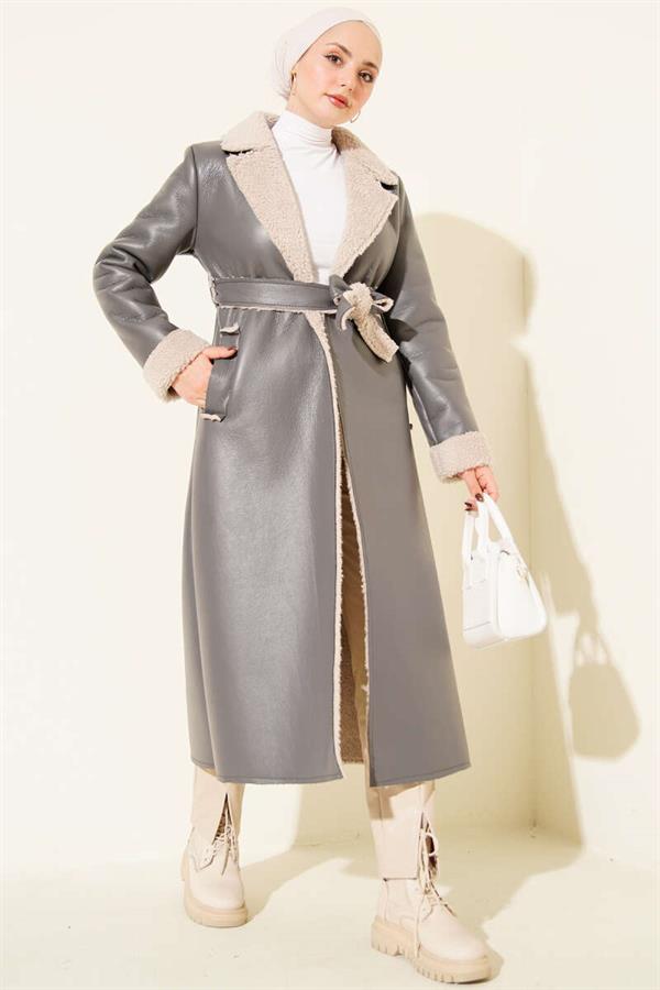 Fur Lined Leather Long Coat Smoked