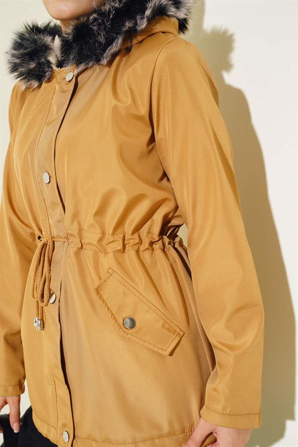 Fur Lined Short Coat Camel