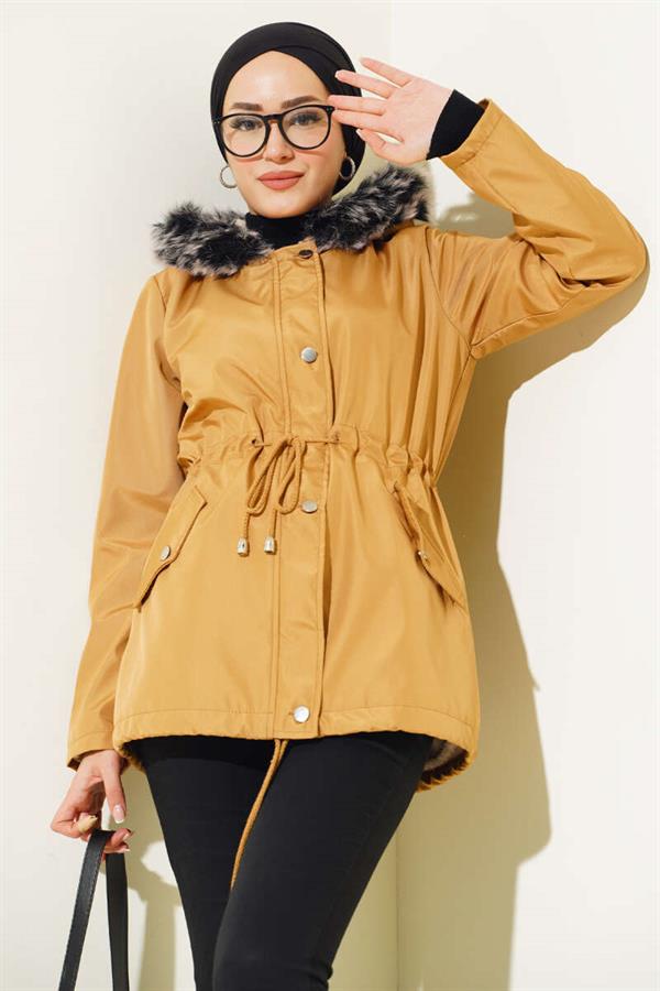 Fur Lined Short Coat Camel