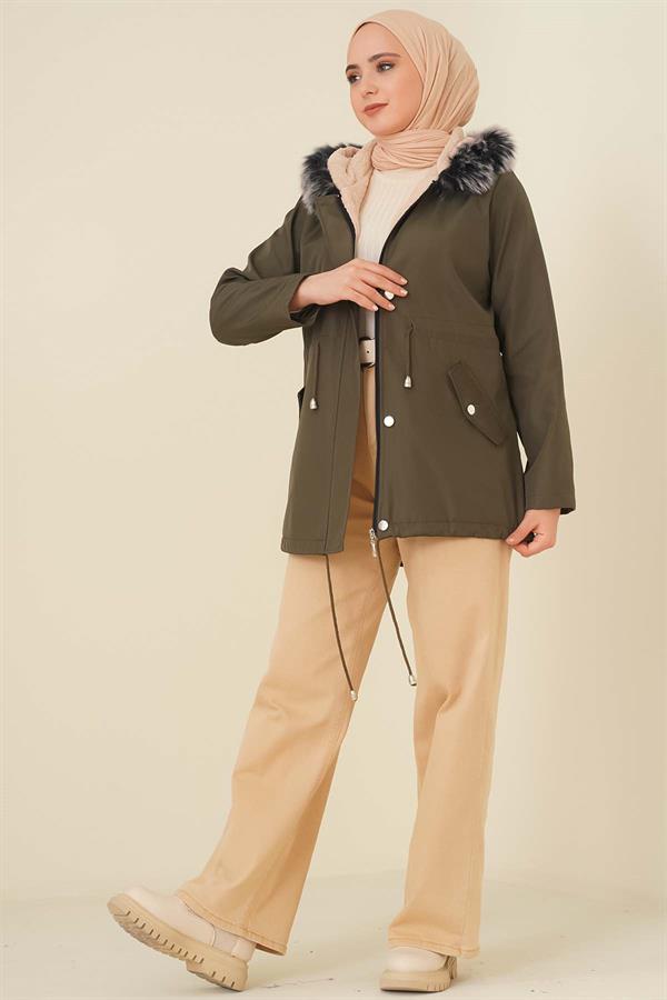 Short Coat with Fur Inside Khaki
