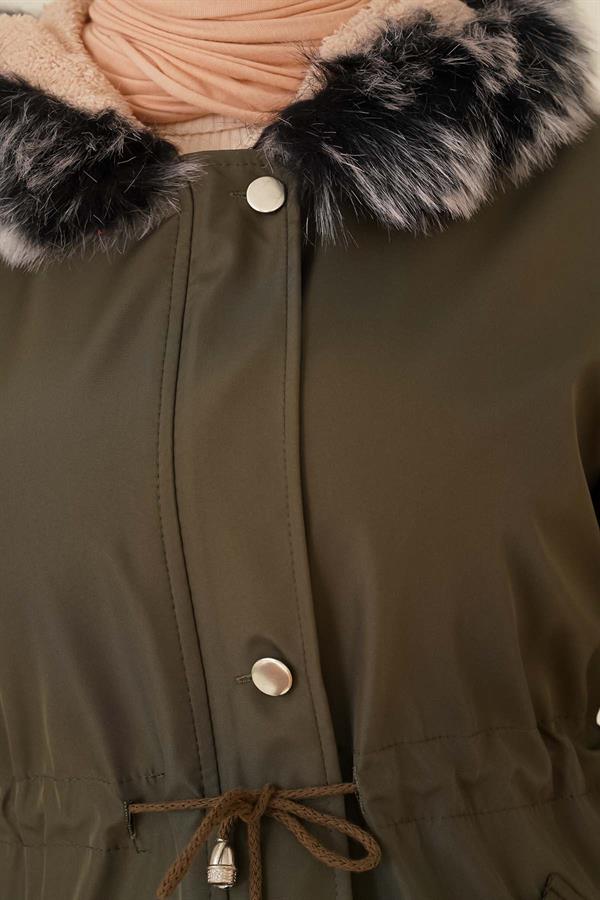 Short Coat with Fur Inside Khaki