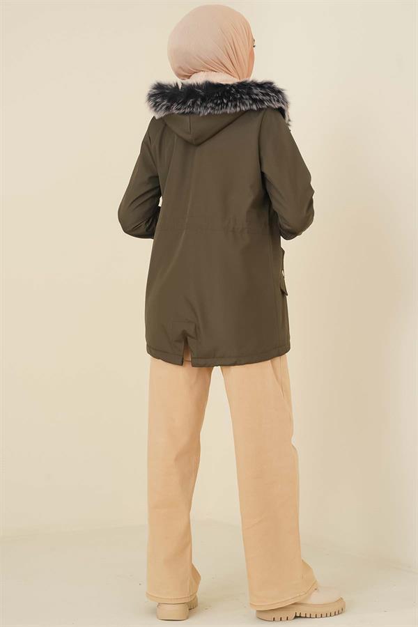 Short Coat with Fur Inside Khaki