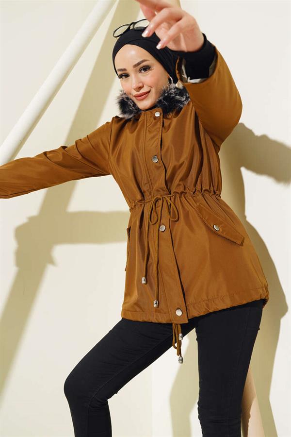 Short Coat with Fur Inside, Tan