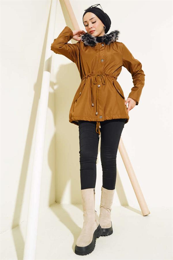 Short Coat with Fur Inside, Tan