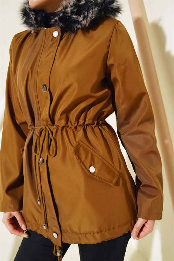 Short Coat with Fur Inside, Tan