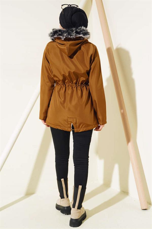Short Coat with Fur Inside, Tan