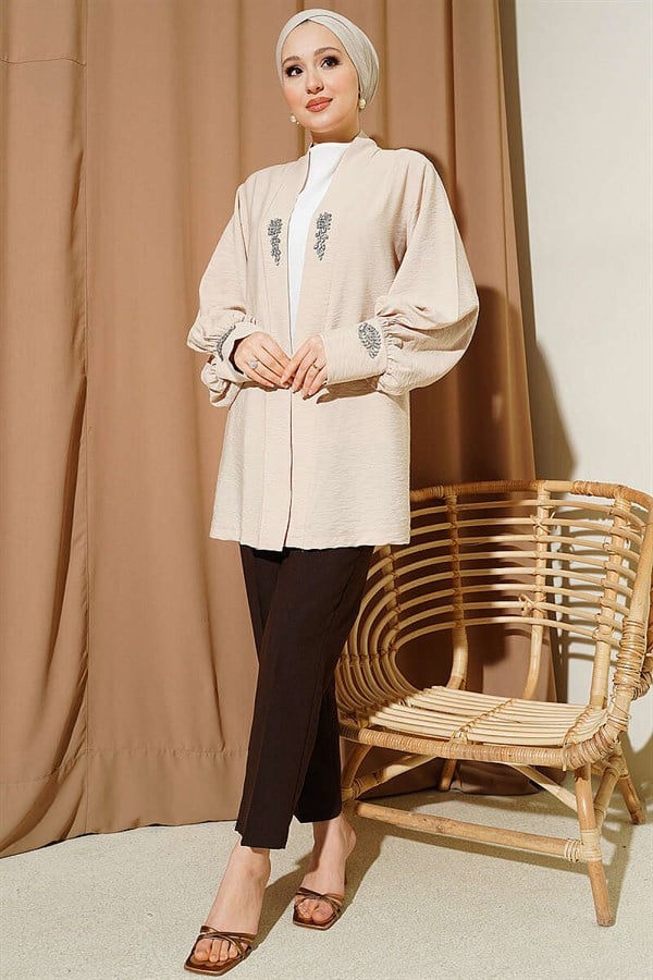 Beige Cardigan and Undershirt 2 Piece Set with Stone Embellishments