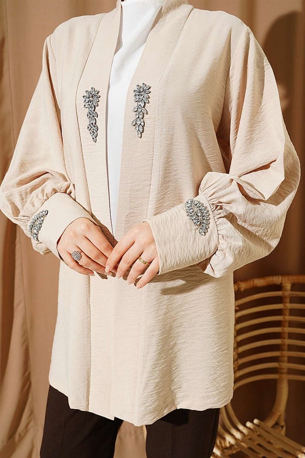 Beige Cardigan and Undershirt 2 Piece Set with Stone Embellishments