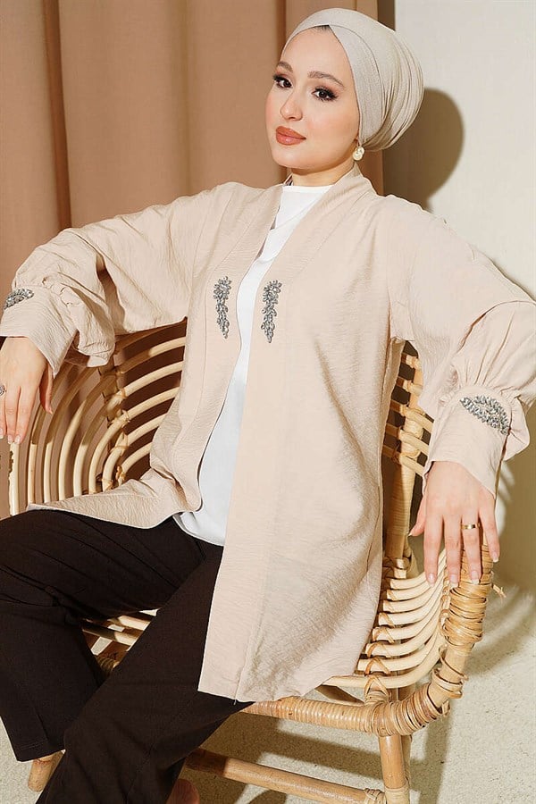 Beige Cardigan and Undershirt 2 Piece Set with Stone Embellishments