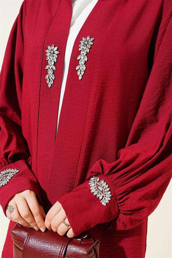 Embellished Cardigan and Undershirt 2 Piece Set in Burgundy