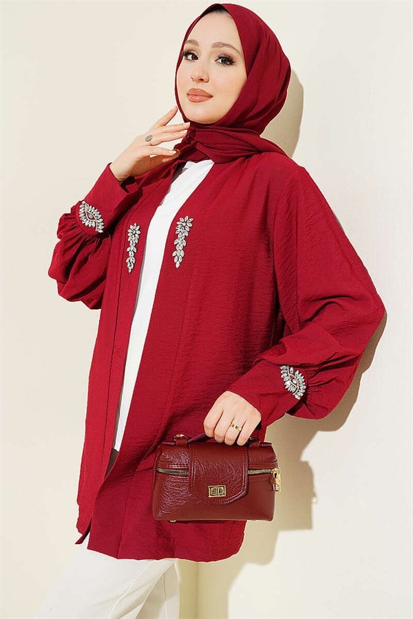Embellished Cardigan and Undershirt 2 Piece Set in Burgundy