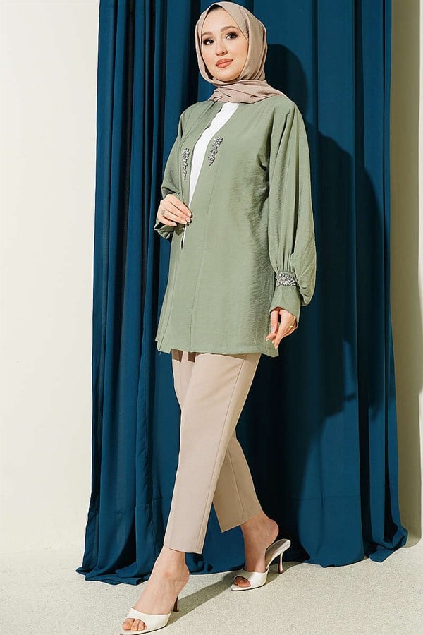 Stone Embellished Cardigan and Lining Set in Light Green