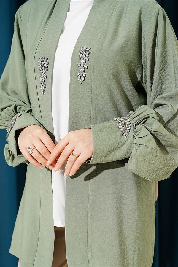 Stone Embellished Cardigan and Lining Set in Light Green