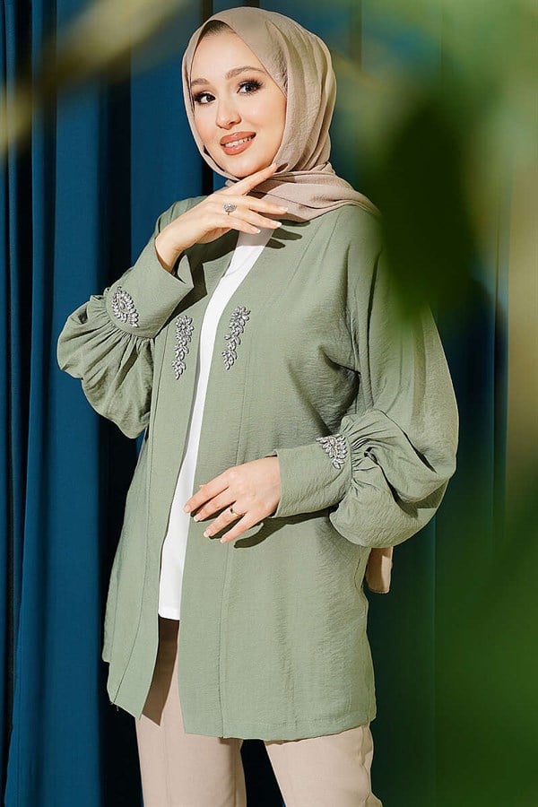 Stone Embellished Cardigan and Lining Set in Light Green
