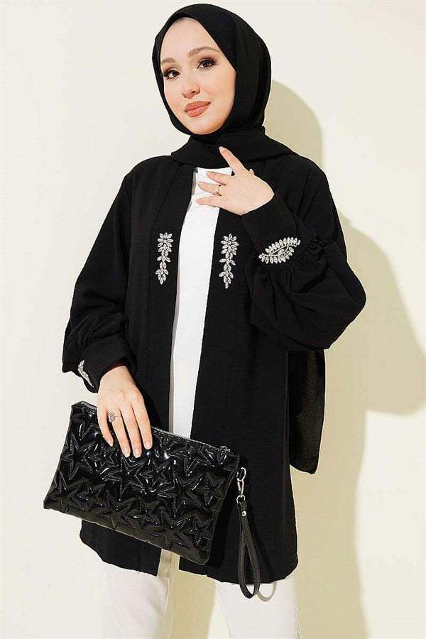 Embellished Cardigan 2 Piece Set with Lining, Black
