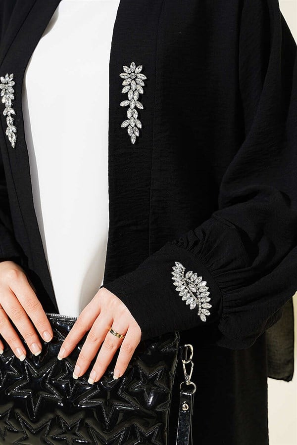Embellished Cardigan 2 Piece Set with Lining, Black