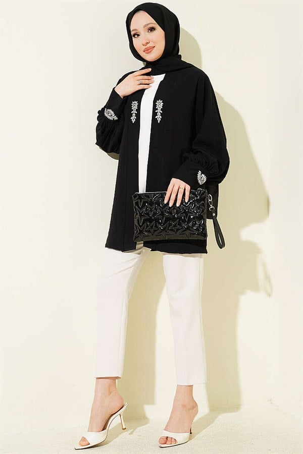 Embellished Cardigan 2 Piece Set with Lining, Black