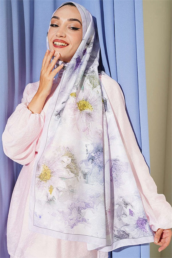 Fine Line Detail Floral Scarf Light Lilac