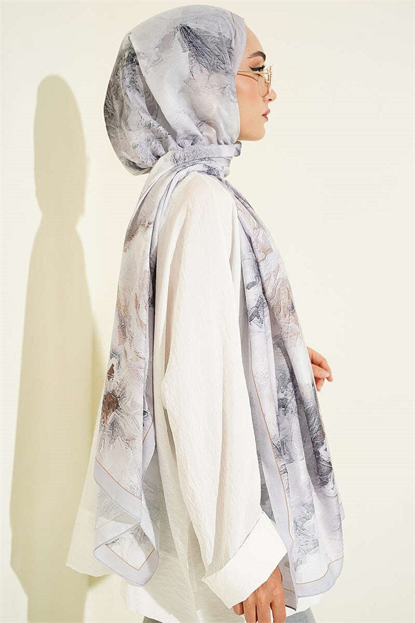 Gray Floral Scarf with Fine Line Detail