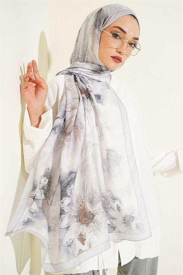 Gray Floral Scarf with Fine Line Detail