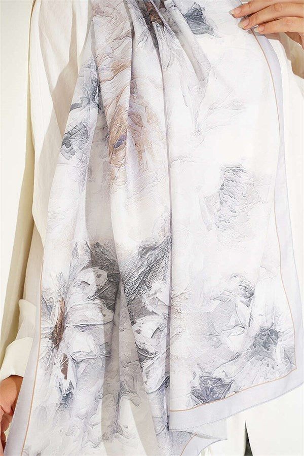 Gray Floral Scarf with Fine Line Detail