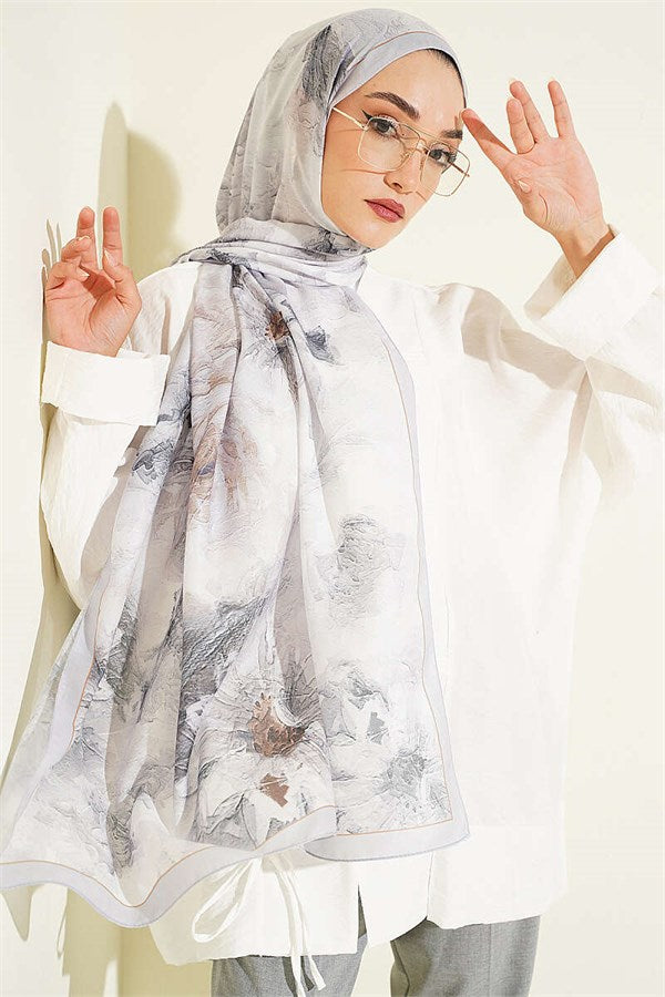 Gray Floral Scarf with Fine Line Detail