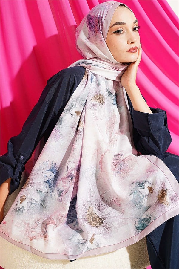 Fine Line Detail Floral Scarf Powder Pink