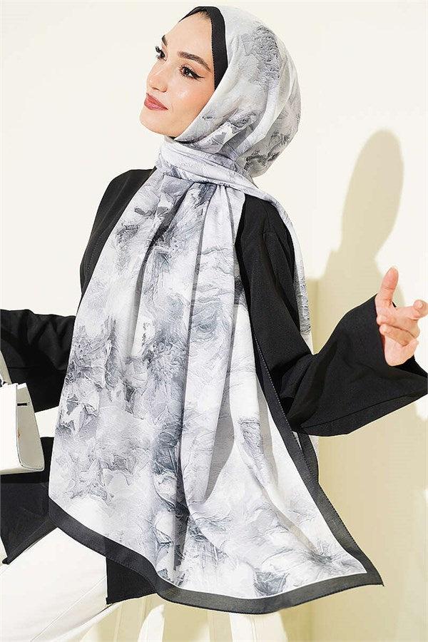 Fine Line Detail Floral Scarf Black Smoke